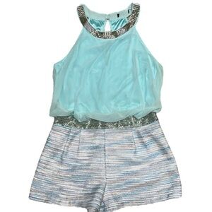 Lovposh Silver Bead Embellished Halter Romper Chiffon & Striped Shorts Sz Large